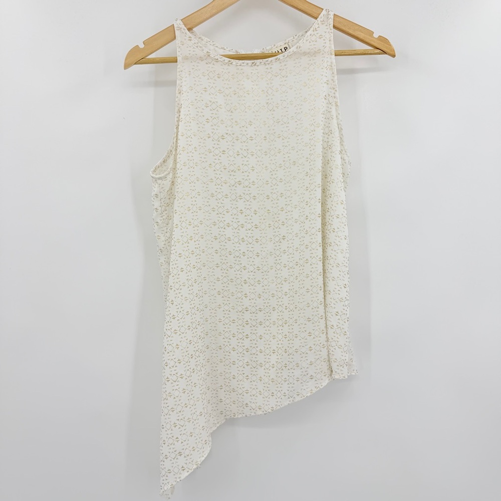 H.I.P. Asymmetrical White Gold Metallic Patterned Top Sleeveless Open Slit Back